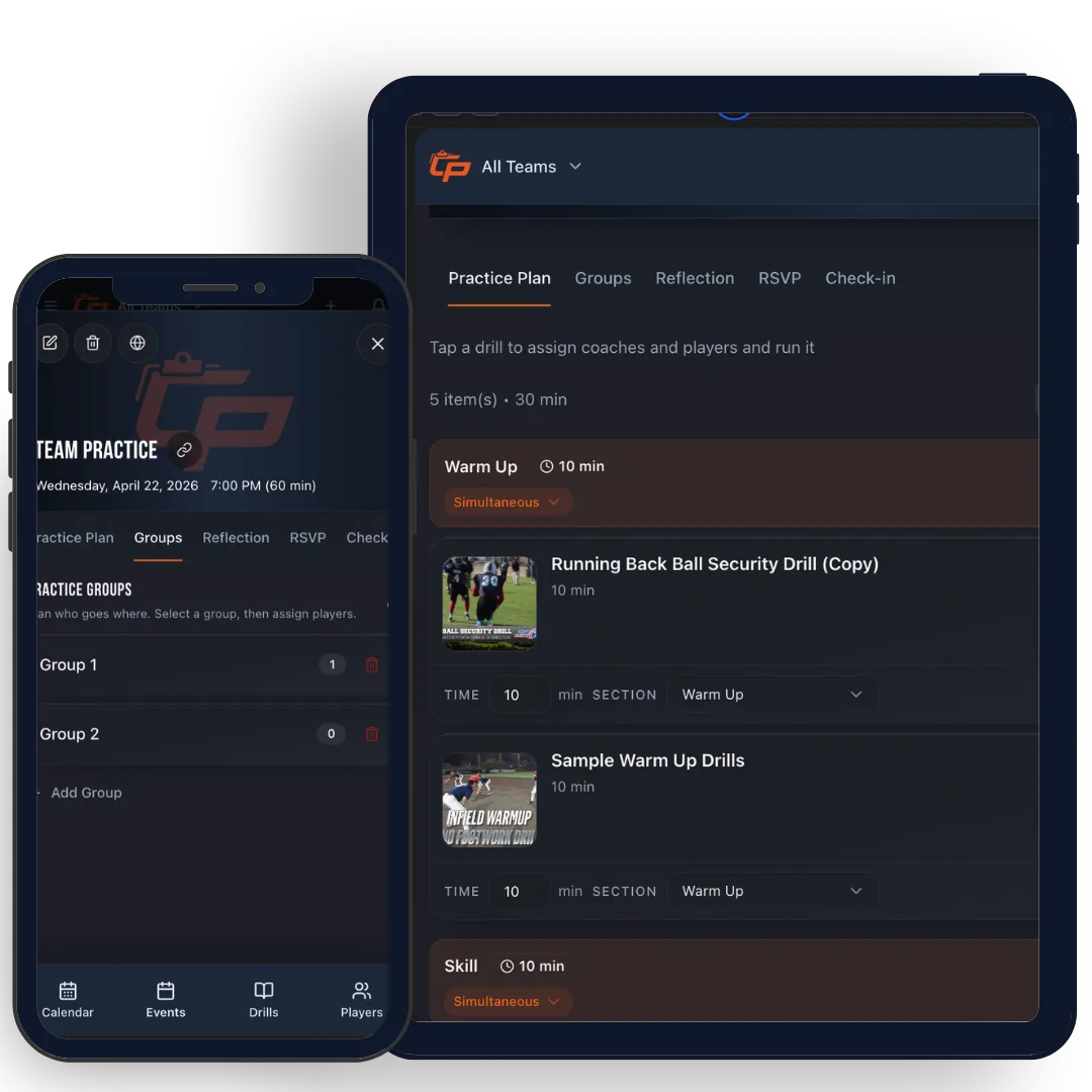 Practice builder showing a populated session with drills, timing, groups, and rituals