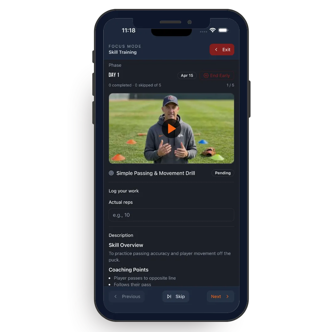 Mobile practice view with focus mode, video drill, and player log entry