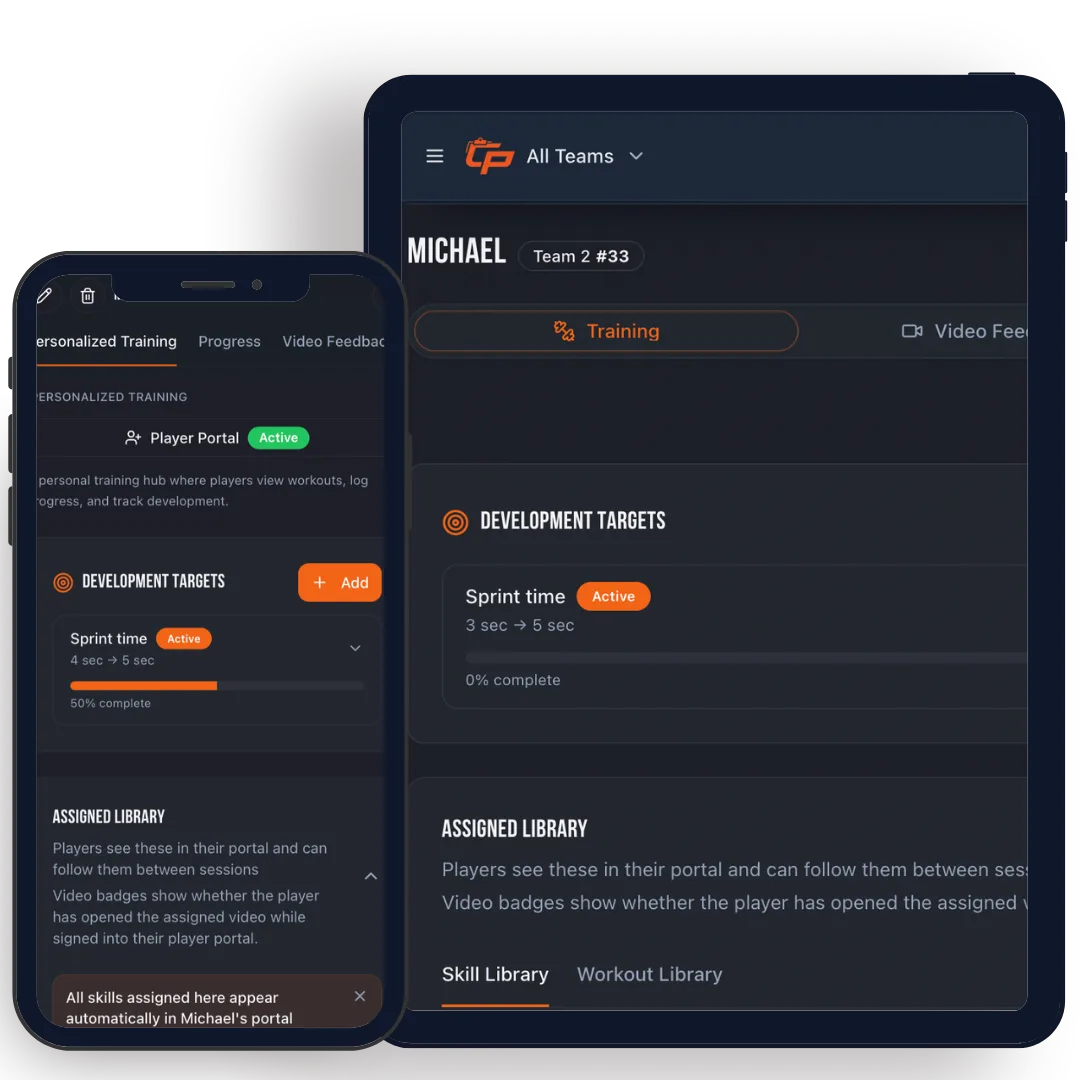 Player development view showing assigned drills and development targets with progress